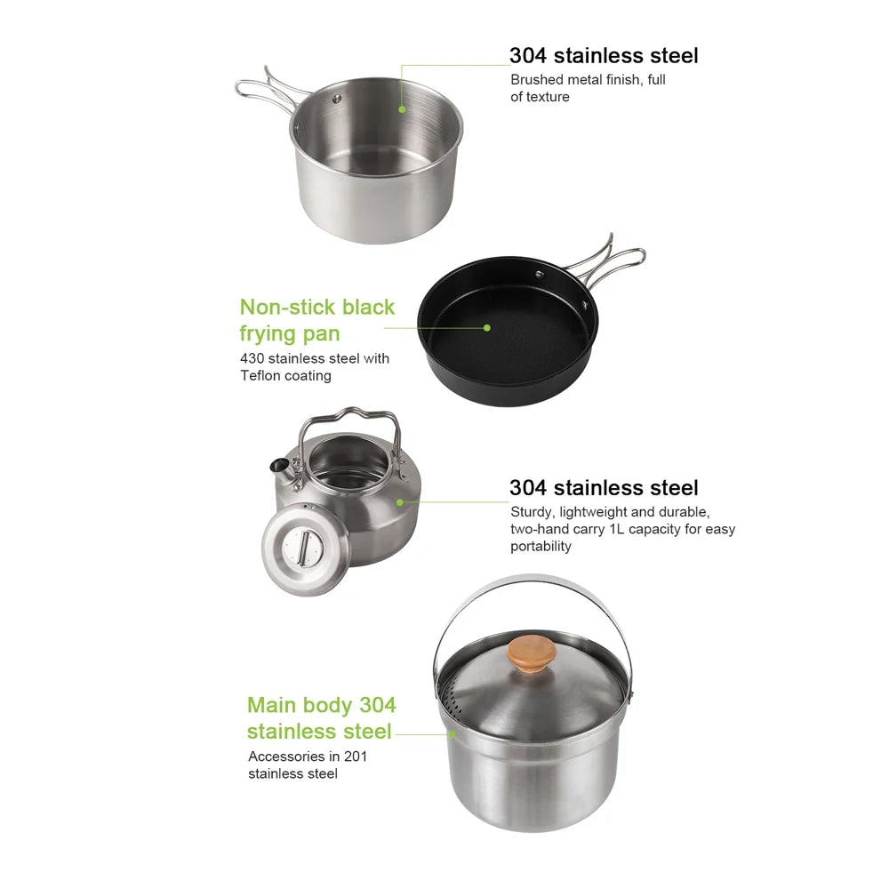 Stainless Steel Camping Cookware Set with Pot Frying Pan Kettle J4501