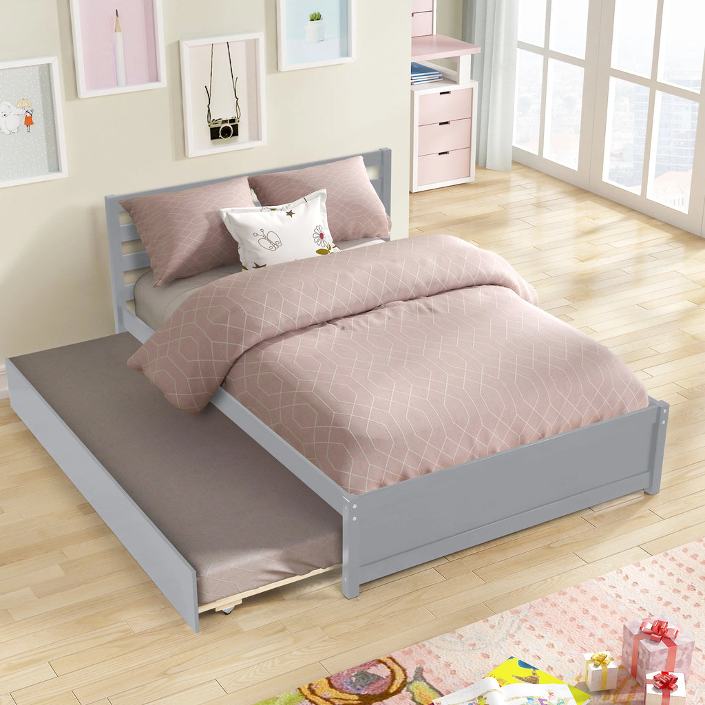 Full Size Wood Platform Bed Frame with Headboard and Trundle D8646