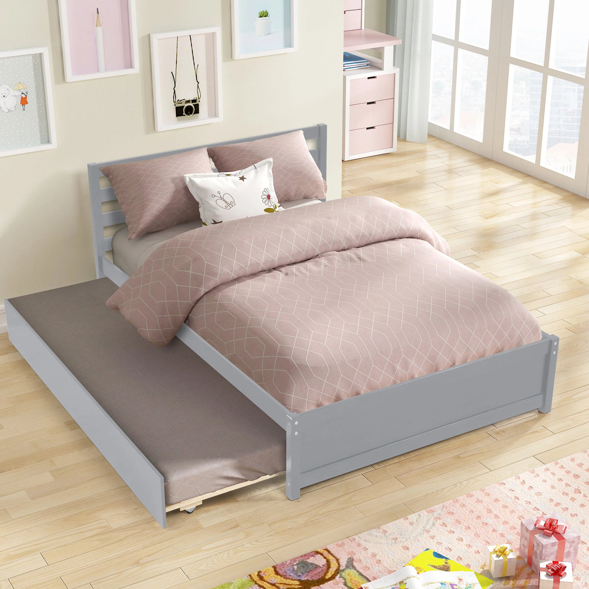 Full Size Wood Platform Bed Frame with Headboard and Trundle D8646