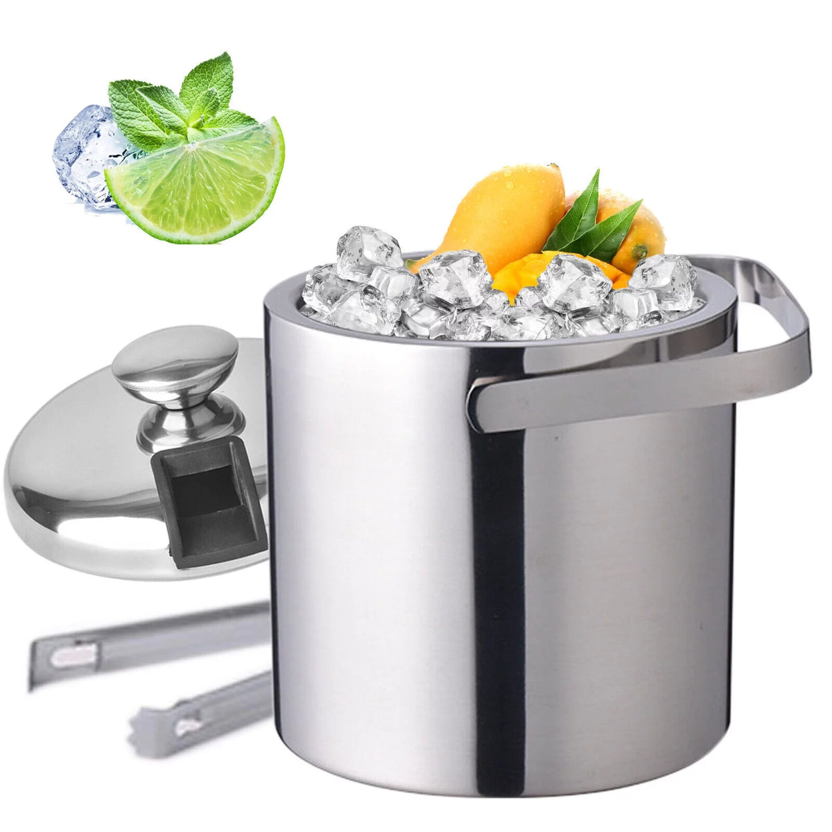 Stainless Steel Insulated Ice Bucket 1.3L with Lid Strainer and Ice Tong X551274