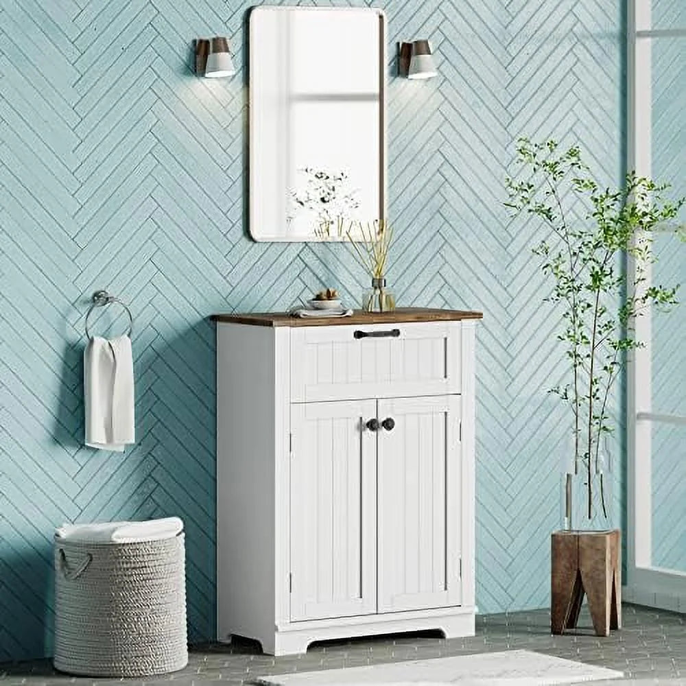 White & Oak Wooden Free Standing Cabinet with Sliding Drawer H1425