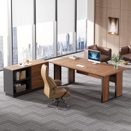 L-Shaped Executive Desk with Drawers Cabinet and Storage Shelves Y144315