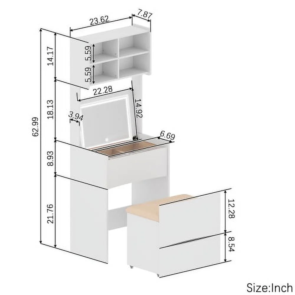 White Compact Vanity Desk Set with Flip Top Mirror and Stool U67079