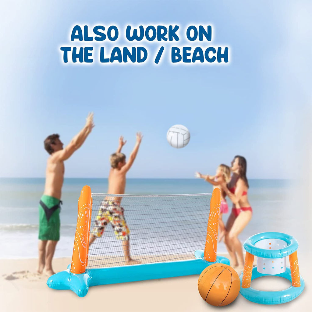 Inflatable Pool Float Set with Volleyball Net, Basketball Hoops, Balls Included Y986