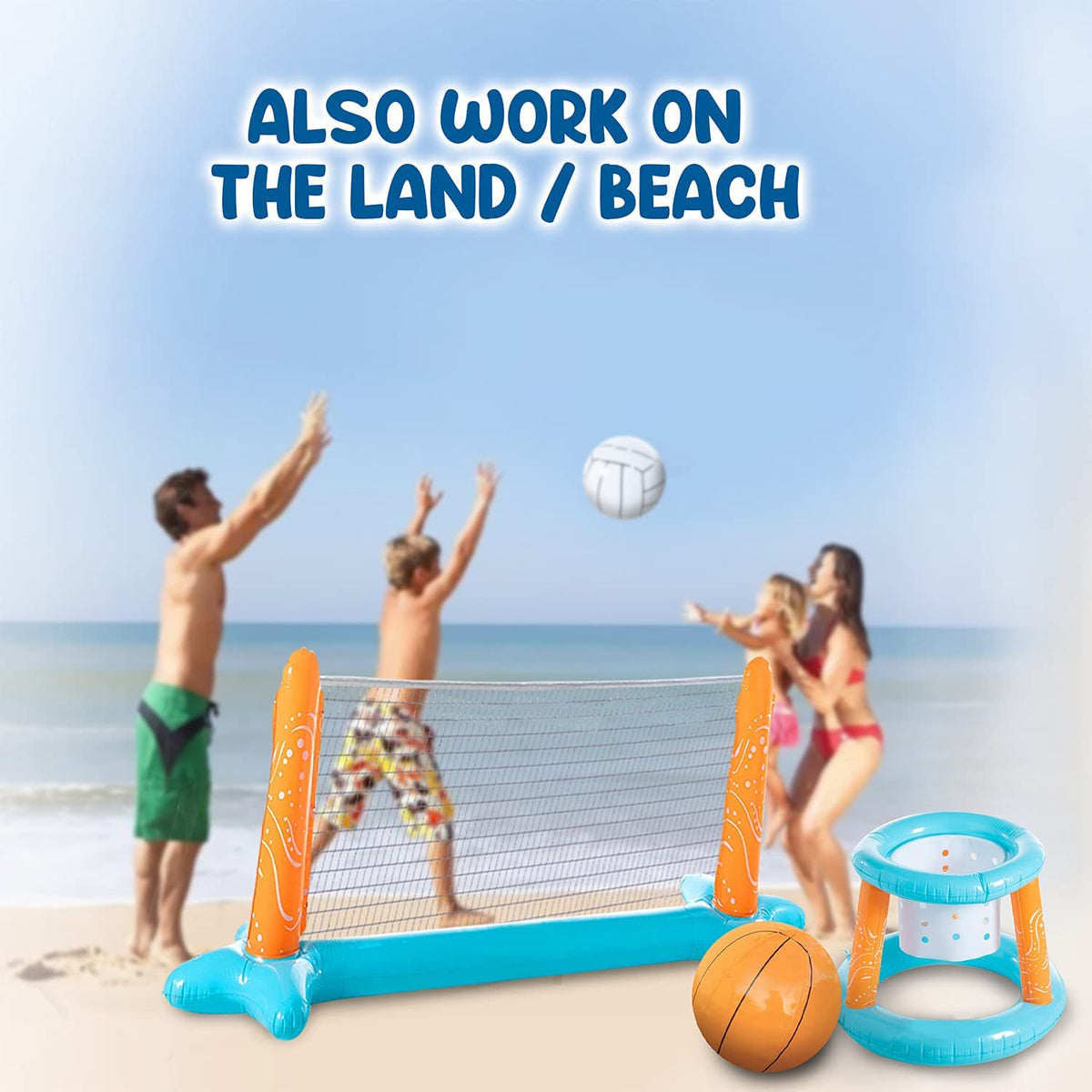 Inflatable Pool Float Set with Volleyball Net, Basketball Hoops, Balls Included Y986
