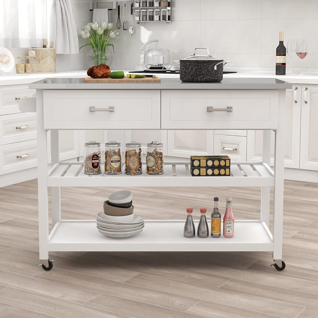 White Stainless Steel Top Kitchen Cart with 2 Drawers H841