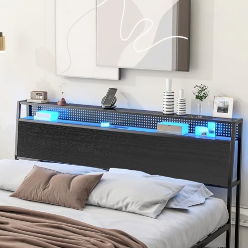 Queen Bed Frame with LED Lights, Metal Platform Bed Frame with 4 Storage Drawers, Tall Bookcase Headboard and Charging Station, Black T962