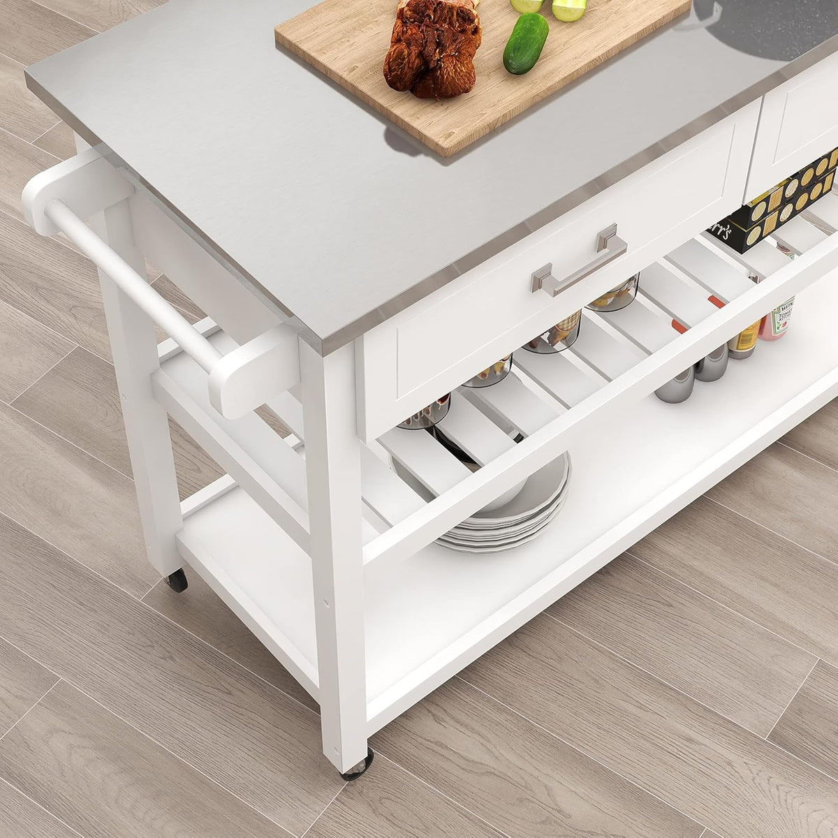White Stainless Steel Top Kitchen Cart with 2 Drawers H841