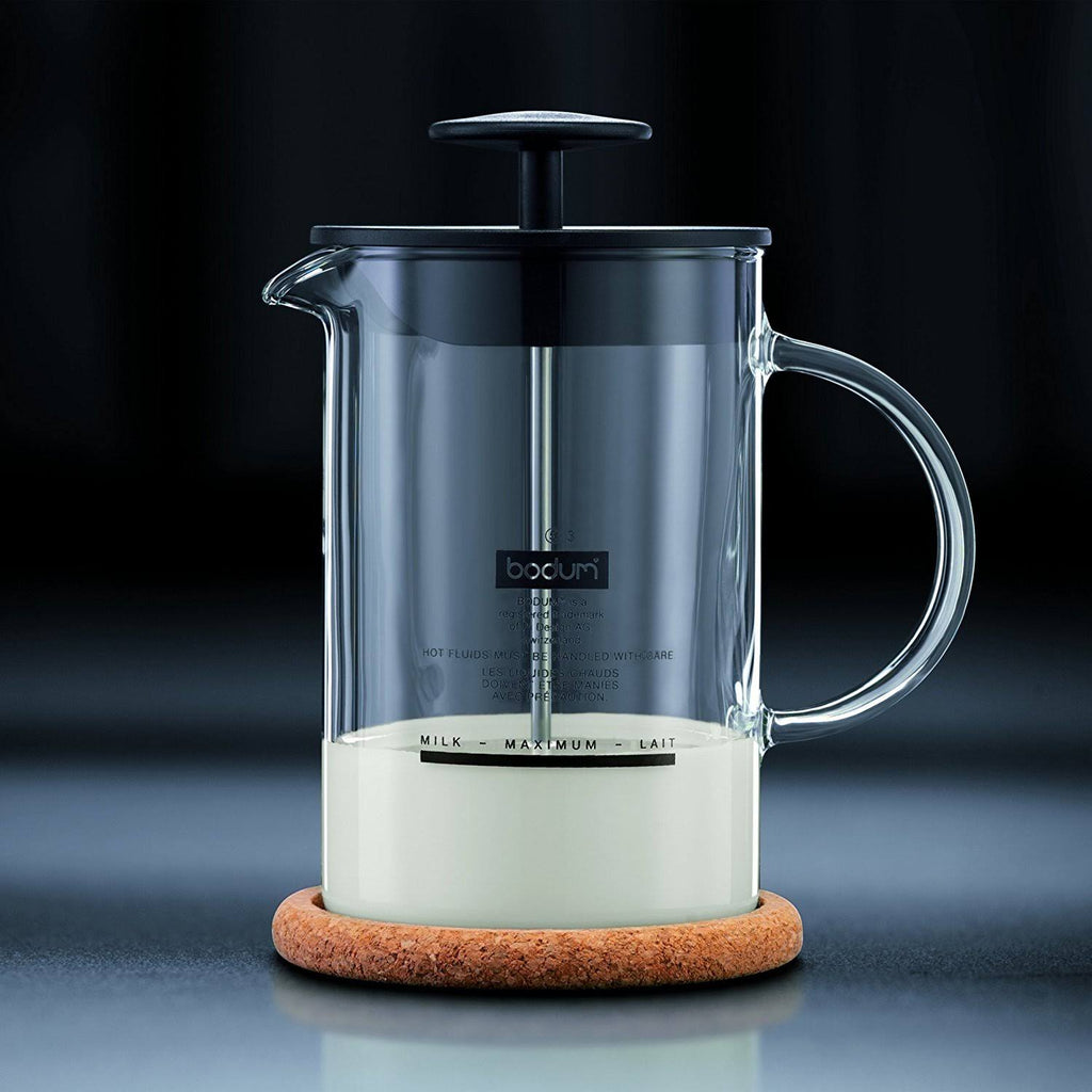 Glass Milk Frother with Handle and Black Lid 8 Ounce Z689