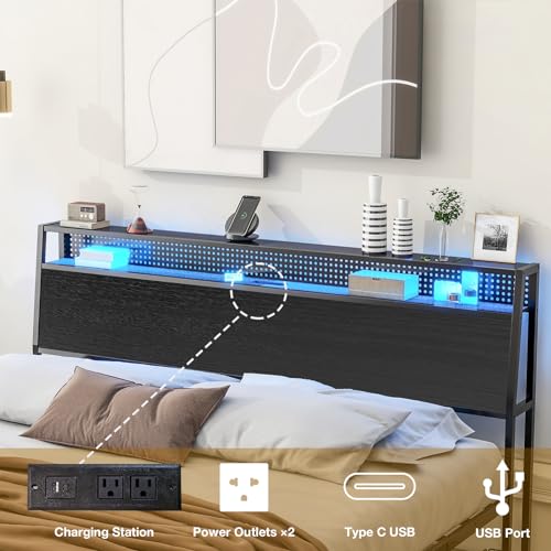 Queen Bed Frame with LED Lights, Metal Platform Bed Frame with 4 Storage Drawers, Tall Bookcase Headboard and Charging Station, Black T962
