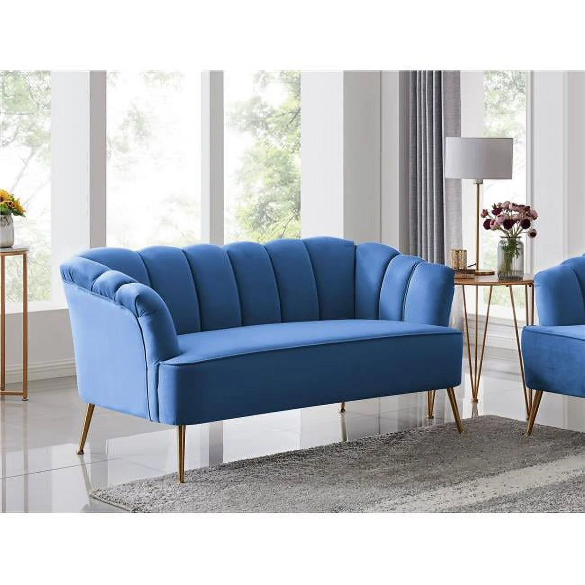 Navy Velvet Upholstered Love Seat with Gold Tone Metal Legs G2121