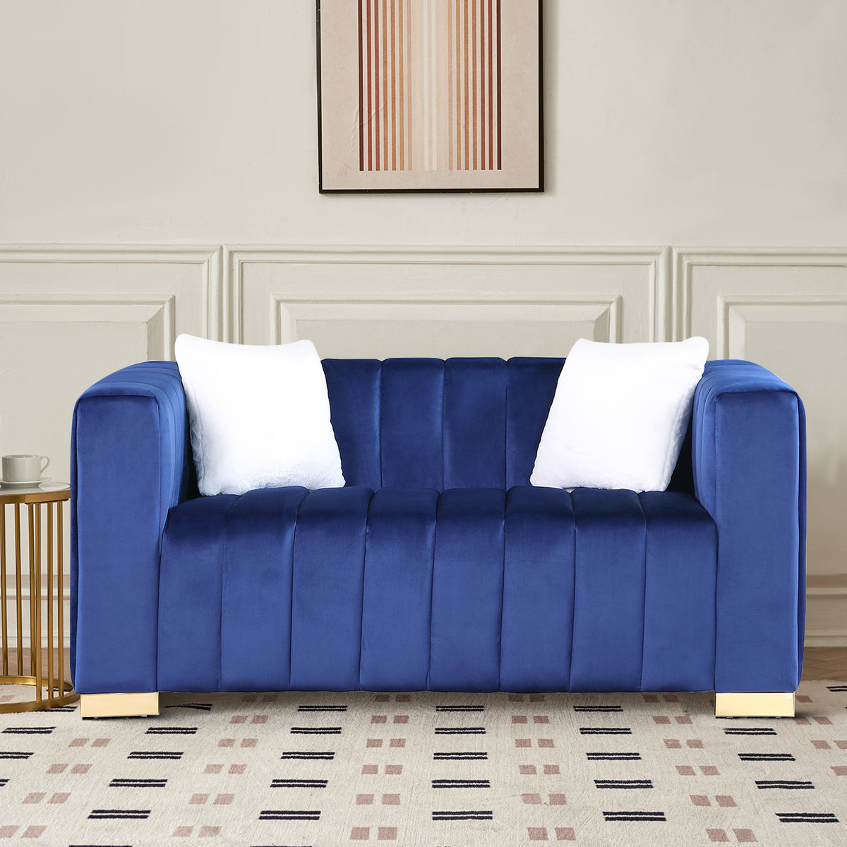 Navy Blue Velvet Upholstered Loveseat Sofa with Metal Legs P887