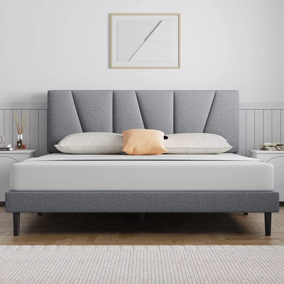 Queen Upholstered Platform Bed Frame with Headboard and Wooden Slats U298001