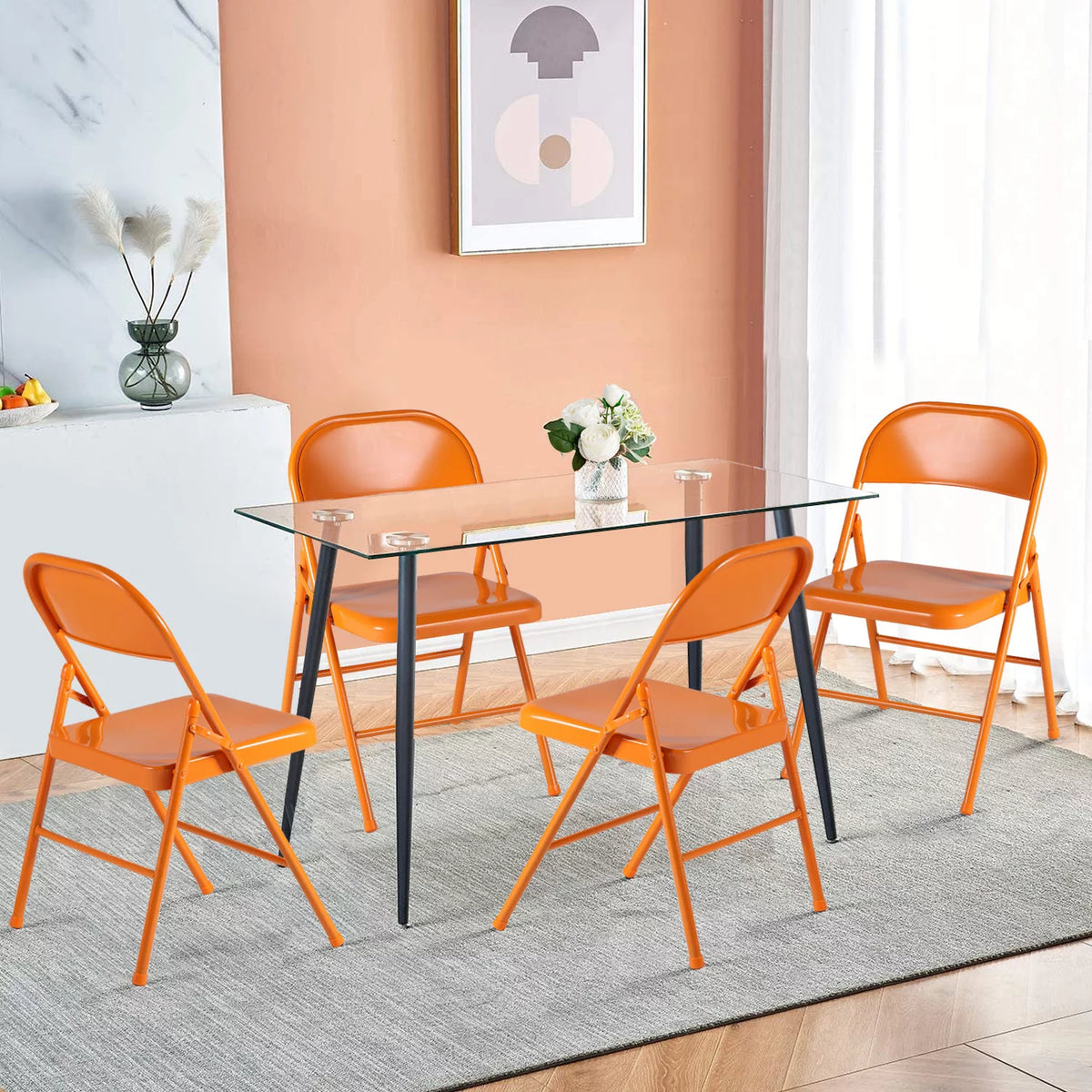 Set of 4 Orange Metal Folding Chairs B173