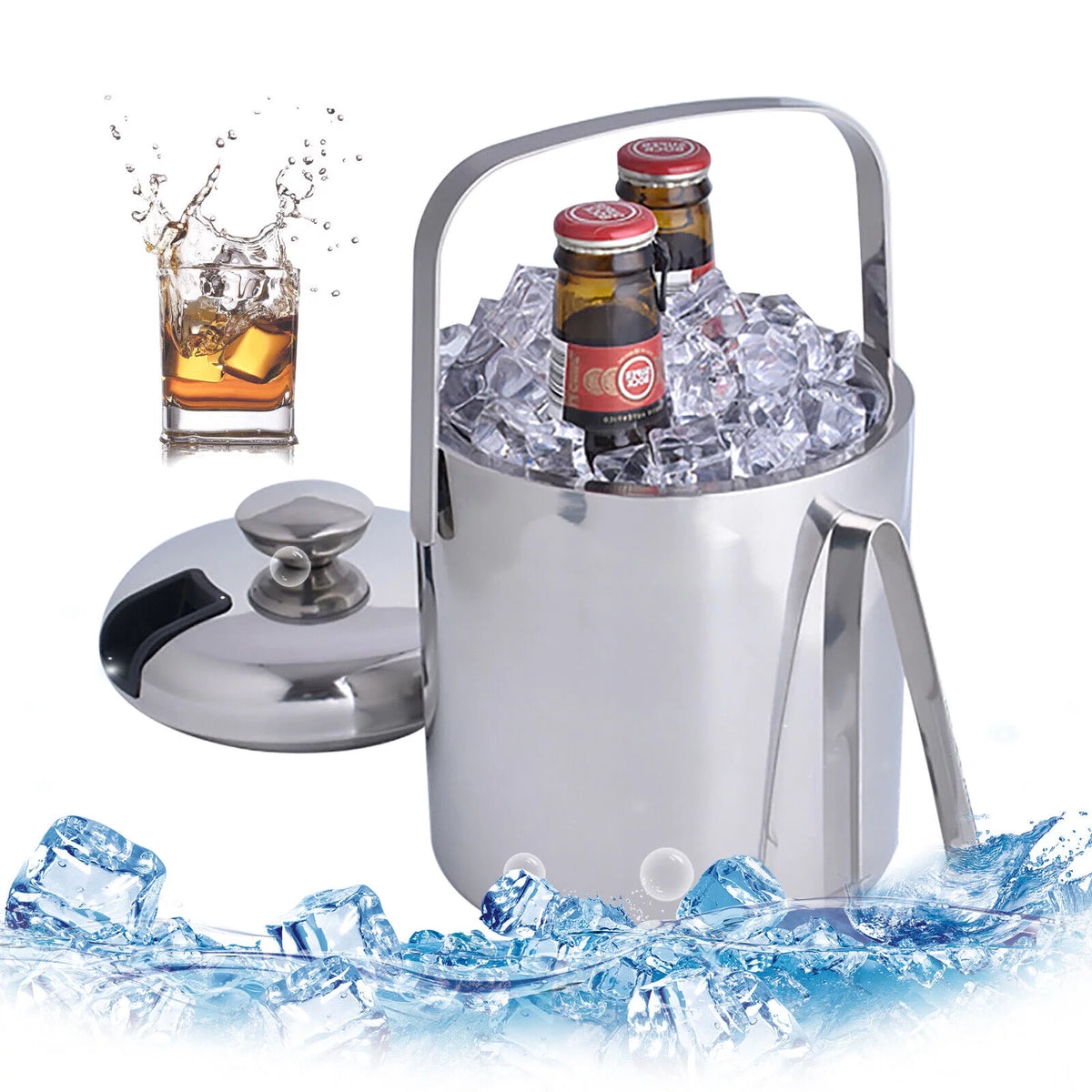 Stainless Steel Insulated Ice Bucket 1.3L with Lid Strainer and Ice Tong X551274