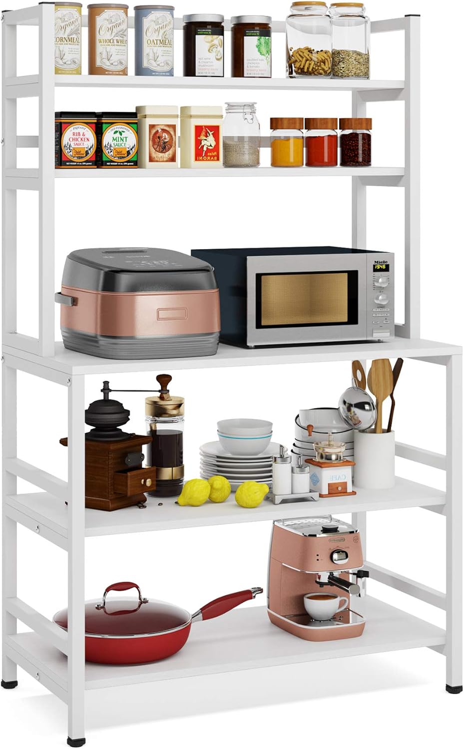 5-Tier Kitchen Bakers Rack with Hutch, Industrial Microwave Oven Stand, Free Standing Kitchen Utility Cart Storage Shelf Organizer (Rustic Brown) O60357