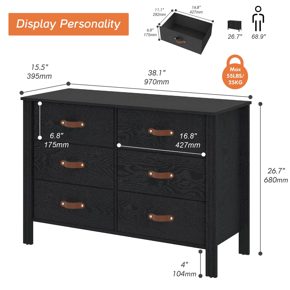 Black 6 Drawer Wood Dresser Q38986