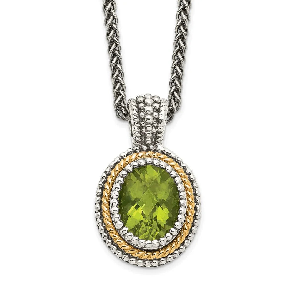 Antiqued Sterling Silver and 14K Gold Peridot Necklace L627