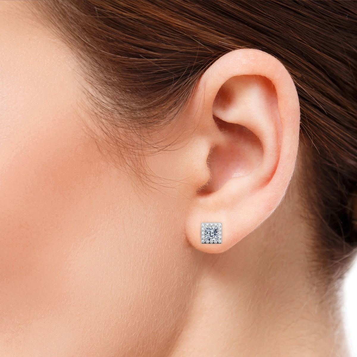 Double Prong 0.43 Carat Princess Cut Diamond Halo Stud Earrings in 10K White Gold E911513