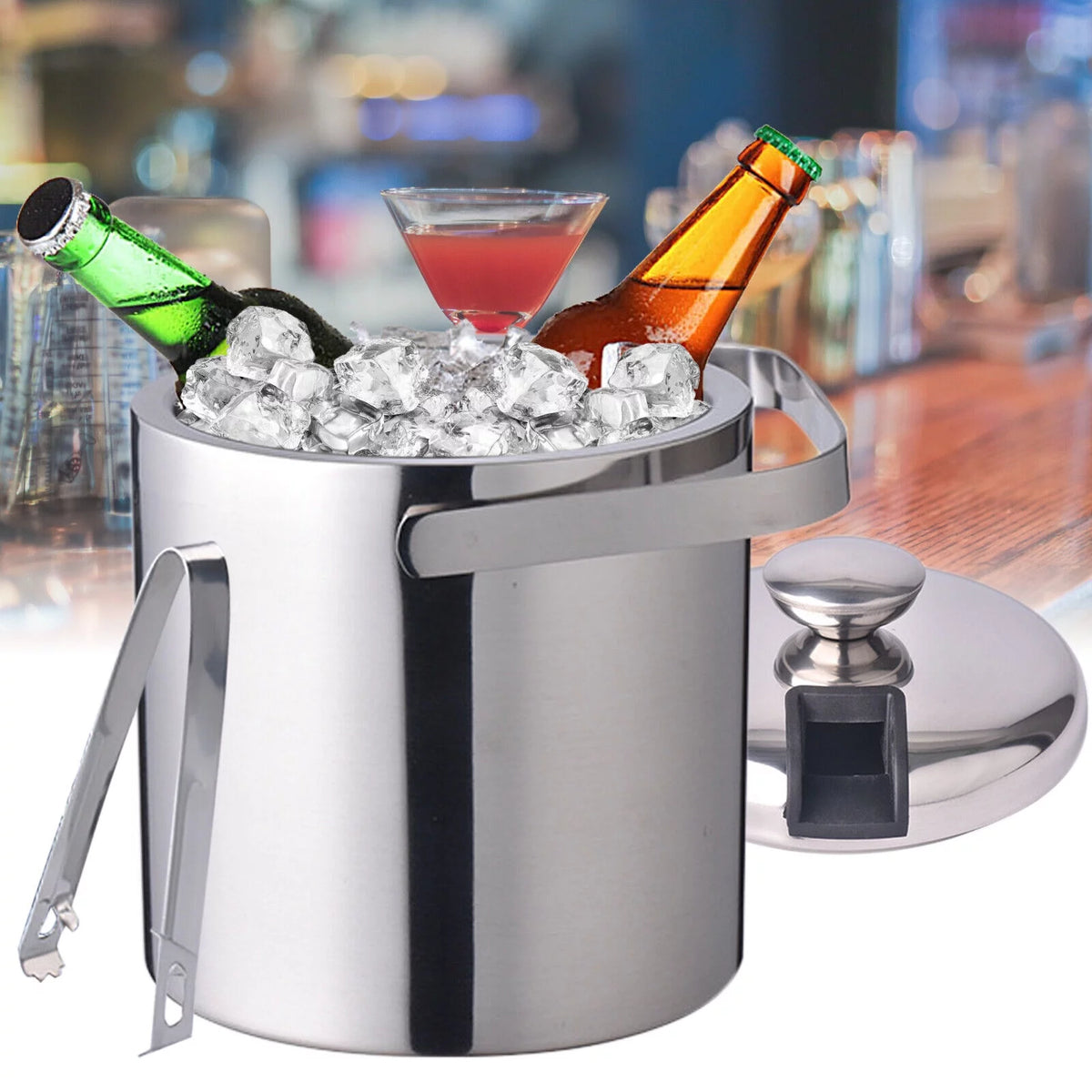 Stainless Steel Insulated Ice Bucket 1.3L with Lid Strainer and Ice Tong X551274