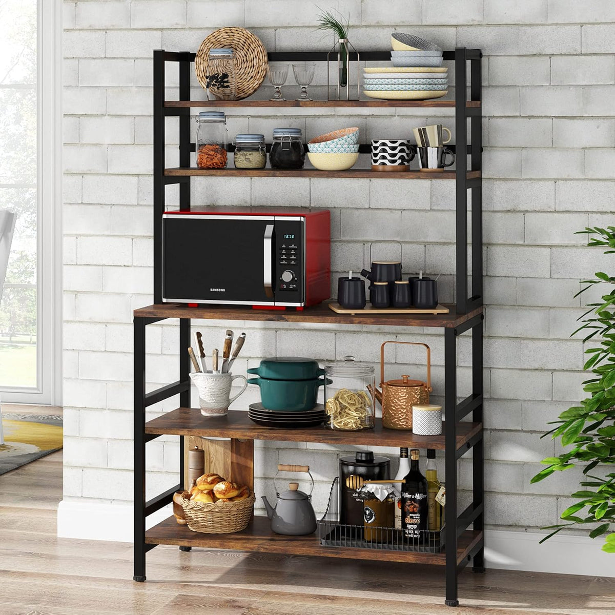 5-Tier Kitchen Bakers Rack with Hutch, Industrial Microwave Oven Stand, Free Standing Kitchen Utility Cart Storage Shelf Organizer (Rustic Brown) O60357