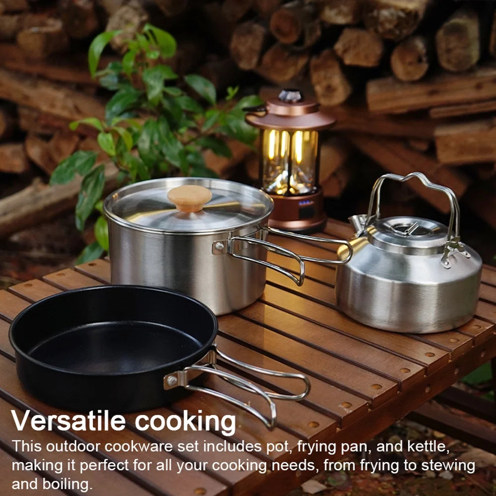 Stainless Steel Camping Cookware Set with Pot Frying Pan Kettle J4501