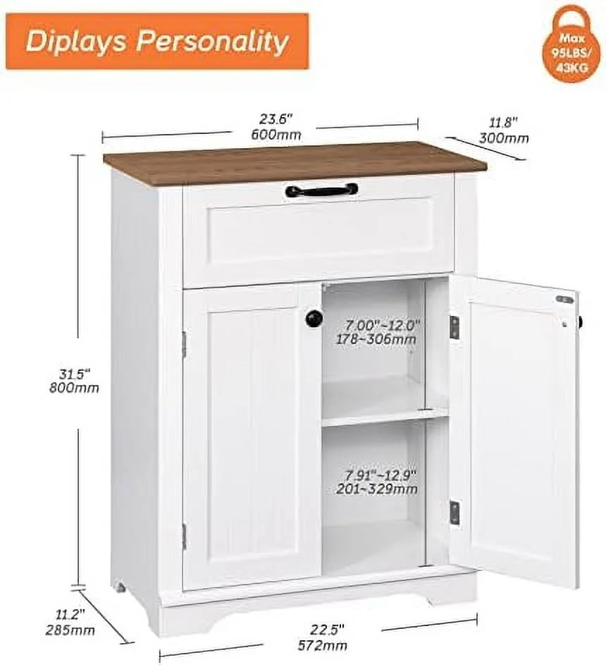 White & Oak Wooden Free Standing Cabinet with Sliding Drawer H1425