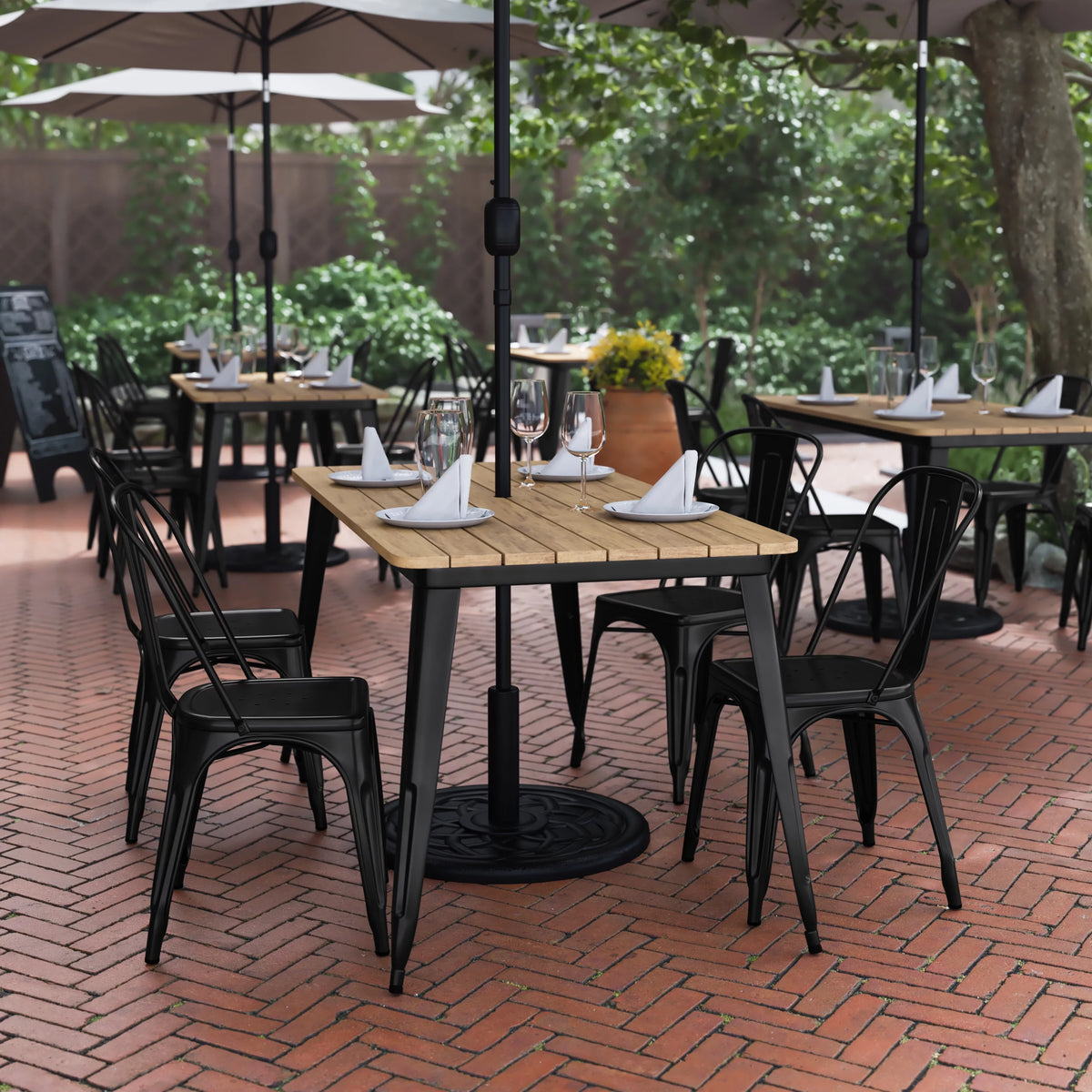 Indoor/Outdoor Dining Table with Umbrella Hole, 30" x 60" Brown Poly Resin Top and Black Steel Base B67892