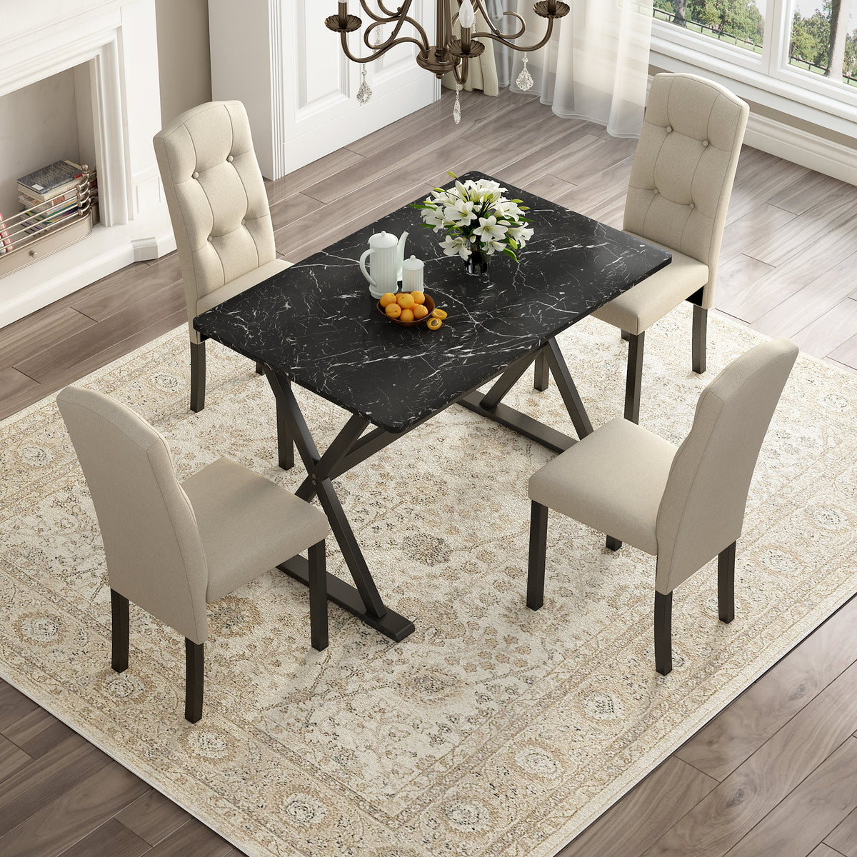 5 Piece Dining Set with Faux Marble Tabletop and 4 Upholstered Chairs S9691