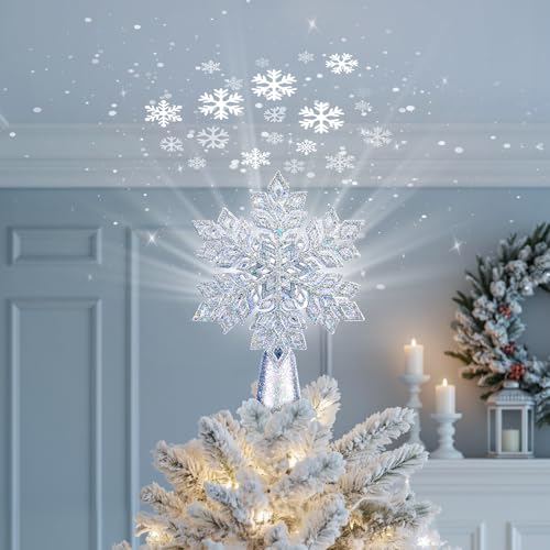Christmas Tree Topper with 3D Glitter LED Snowflake Projector Lights P4099