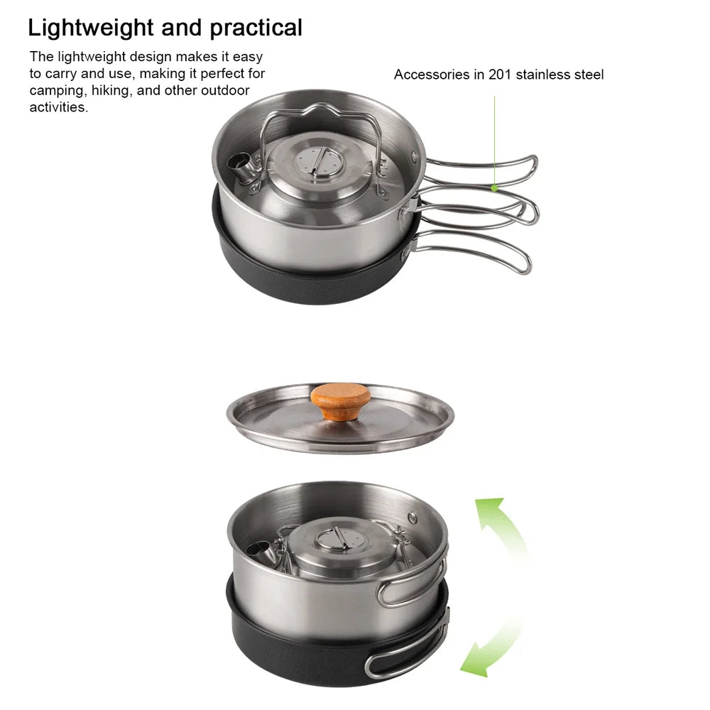 Stainless Steel Camping Cookware Set with Pot Frying Pan Kettle J4501