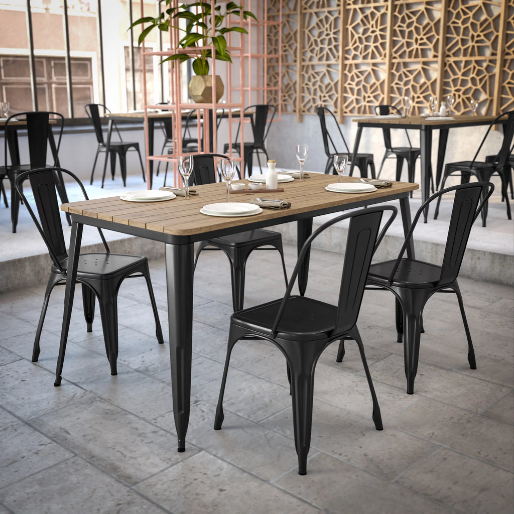 Indoor/Outdoor Dining Table with Umbrella Hole, 30" x 60" Brown Poly Resin Top and Black Steel Base B67892