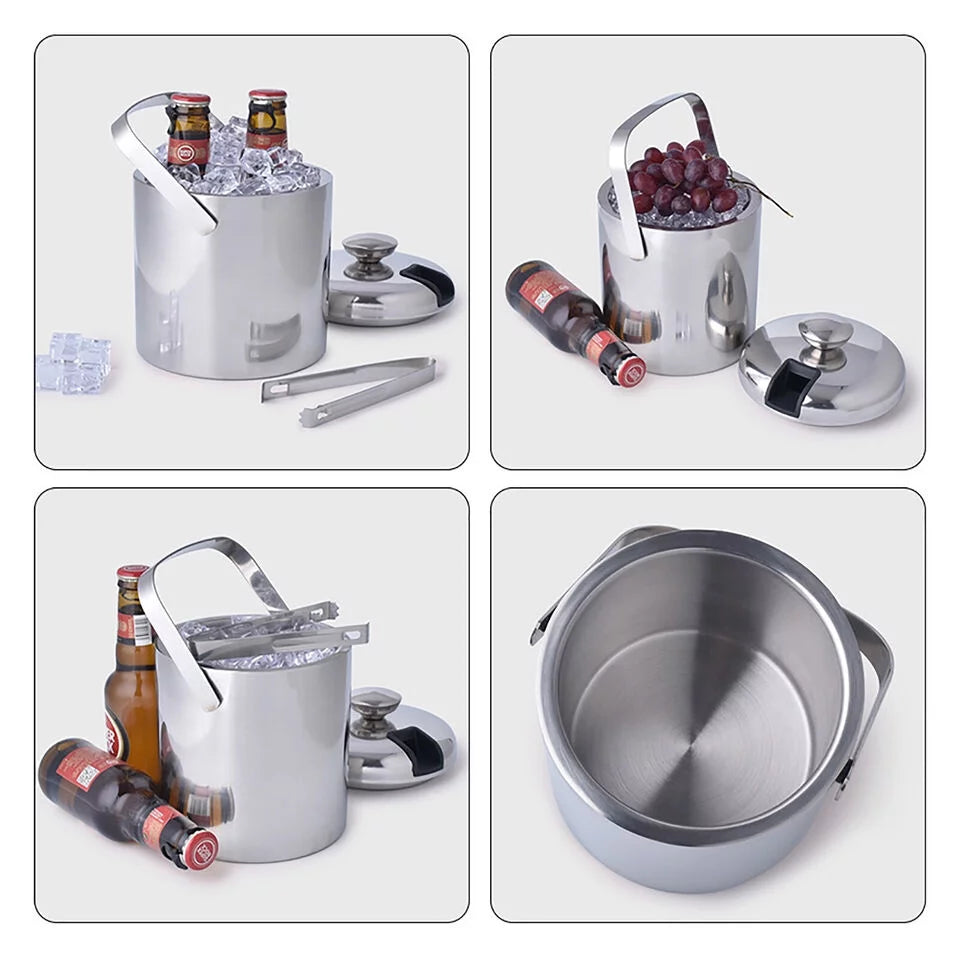 Stainless Steel Insulated Ice Bucket 1.3L with Lid Strainer and Ice Tong X551274