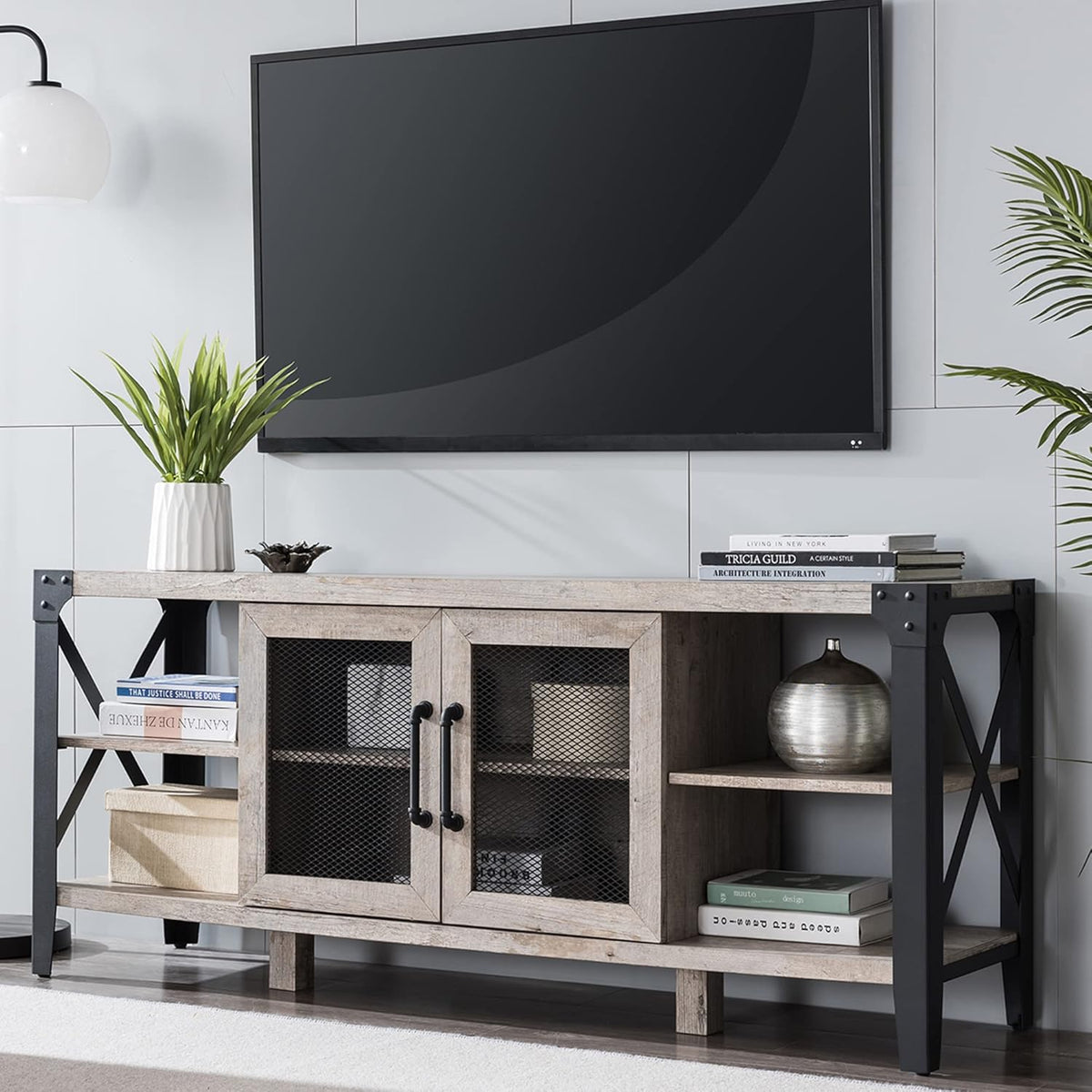 TV Stand with Sturdy Metal Side X-Frame, Dark Rustic Oak J87183
