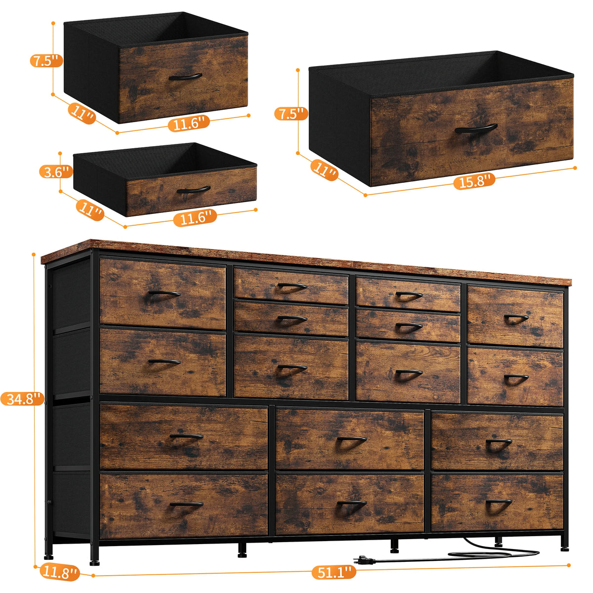Black 16 Drawer Fabric Dresser TV Stand with Power Outlet Z629361