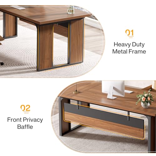 L-Shaped Executive Desk with Drawers Cabinet and Storage Shelves Y144315